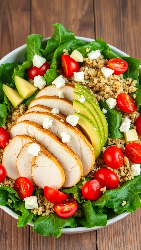 A colorful kale salad with grilled chicken, quinoa, cherry tomatoes, and avocado on a wooden table.